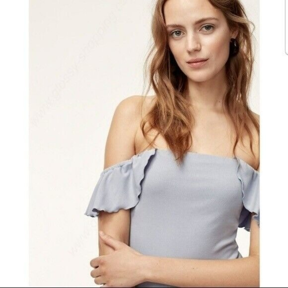 Aritzia Wilfred Black Maeva Bodysuit Ruffled Top Blouse Fine Ribbed Thong Cut M - Picture 3 of 8